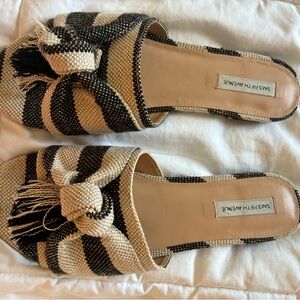 Saks Fifth Avenue Black & Tan Striped Knot Slide Mules